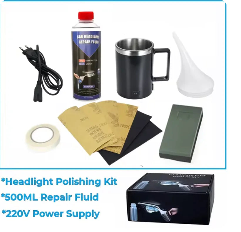 Headlight Repair Fluid & Polisher Kit for Car Lens Restoration